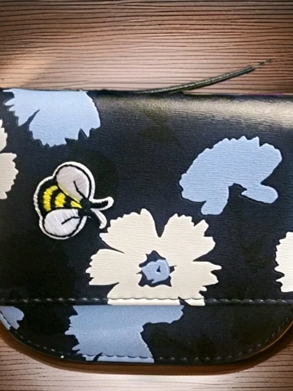 Black Floral Zip-Around Women's Wallet with Bee Theme, Credit Card Slots